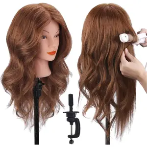 Mannequin  with  Human Hair,  Real Hair  Mannequin  Hair Styling Hairdressing Practice  Doll  with Clamp Holder and Tools (Dark Brown)