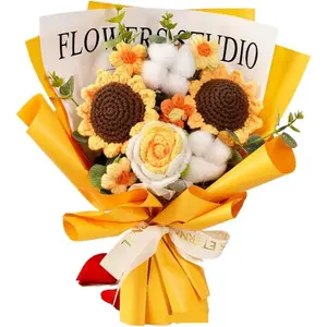 Crochet Flower Bouquet, Knitted Flowers,  Eternal Artificial Flowers,Artificial Sunflower Crocheted Flowers Crochet Roses for Mother's Day, Father's Day, Graduation, Anniversary, Birthday, Gift for Mom, Dad, Friends, Handmade Crochet Bouquet