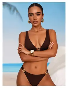 Women's Brown Bikini Set - 2 Piece Swimsuit with Gold Hardware - Vintage Retro Bathing Suit - Adjustable Straps - Summer Beach Pool Swimwear