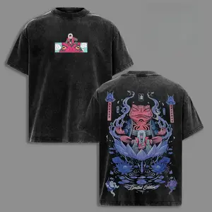 Vintage Washed Jiraiya Anime Pattern T-Shirt, Loose Heavyweight Cotton Double-Sided Print Top, Unisex Harajuku Street Style Y2K Casual Summer Short Sleeve Tee, Daily Street Fashion Gift for Anime Enthusiasts