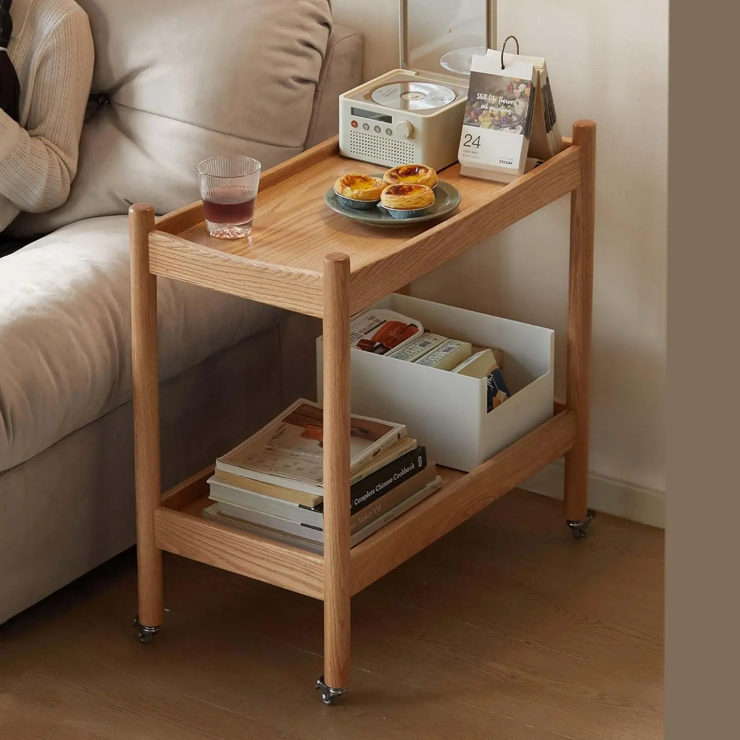 YESWOOD Minimalist Side Table with Lockable Wheels, 2‑Tier Rolling End Table Nightstand for Small Space Living Room Bedroom (Natural, 25.59" D x 13.77" W x 25.55" H)