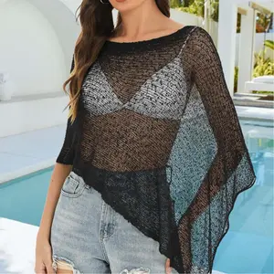 Women's One Size Sheer Knit Cropped Top Off Shoulder Mesh Batwing Sleeve Cover Up Blouse