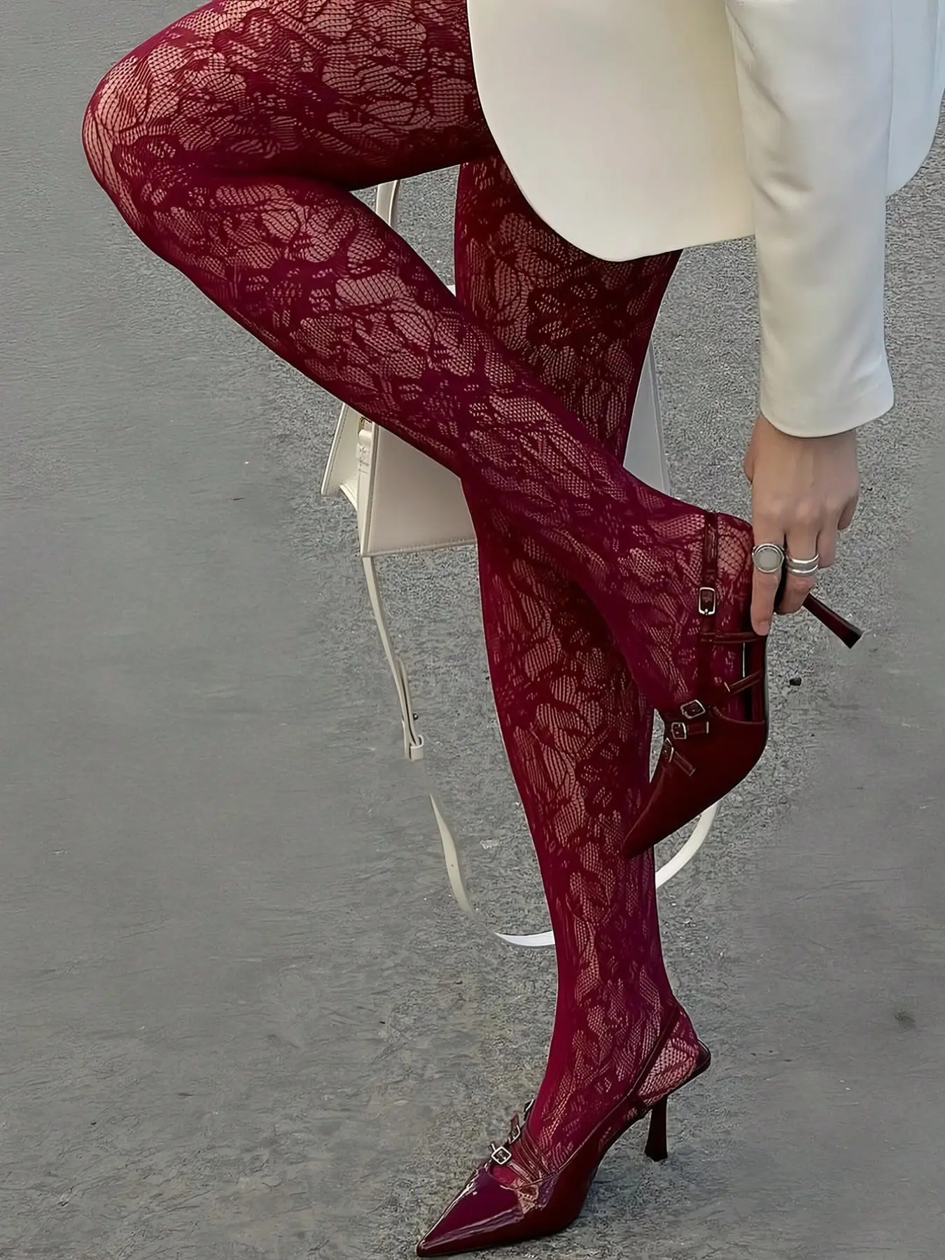 Women's Wine Floral Fishnet Stockings, Sheer Mesh, Fashionable Thin Pantyhose, Tights, Piece, Comfortable Design, Perfect for Daily Wear, Wedding Season, Womenswear, Clothing