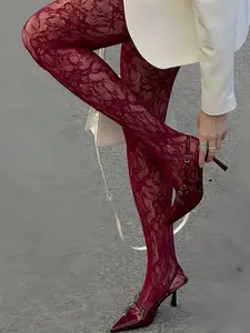 Women's Wine Floral Fishnet Stockings, Sheer Mesh, Fashionable Thin Pantyhose, Comfortable Design, Perfect for Daily Wear, Wedding Season