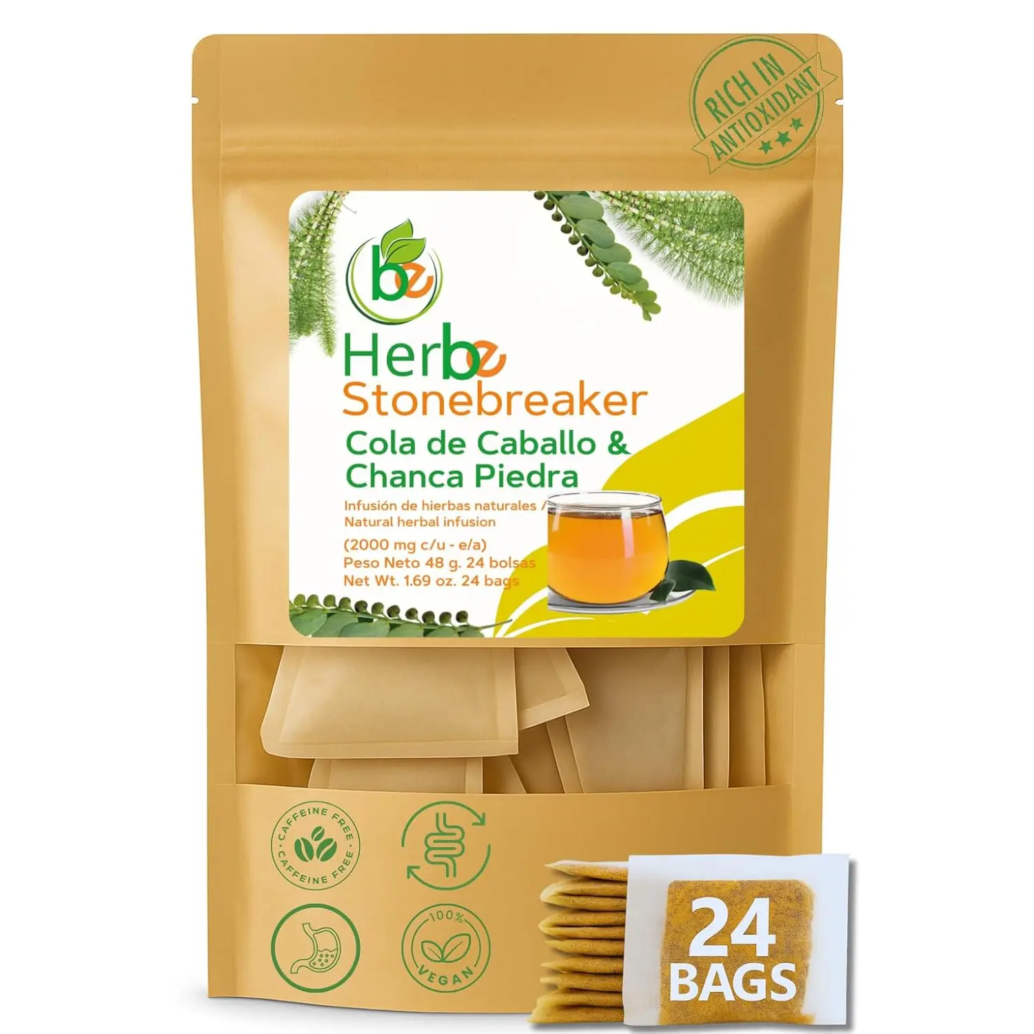 Chanca Piedra & Horsetail (Cola de Caballo) Herbal Tea – 24 Tea Bags (2000 mg Each) – Traditional Herbal Infusion – 100% Natural, Non-GMO, Caffeine-Free –Vegan, Stone Breaker- By BexpertsUSA