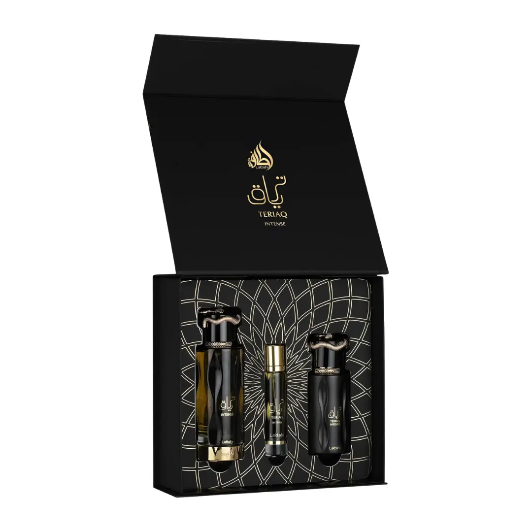 Lattafa Set Teriaq Intense 3.4 Oz Edp + Travel Spray 12ml + Hairmist 50ml Unisex