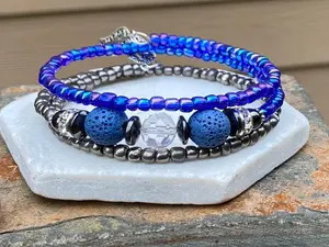 Blue Silver Diffuser Wrap Bracelet, Diffuser Bracelet, Wrap Bracelet, Lava Bead Bracelet, Lava Stone Bracelet. One size Fits Most.
