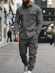Men's lapel jacket and work pants two-piece set - buttoned long-sleeved jacket and multi-pocket drawstring long pants. A casual tactical military style suit, suitable for urban daily wear and outdoor activities in autumn and winter