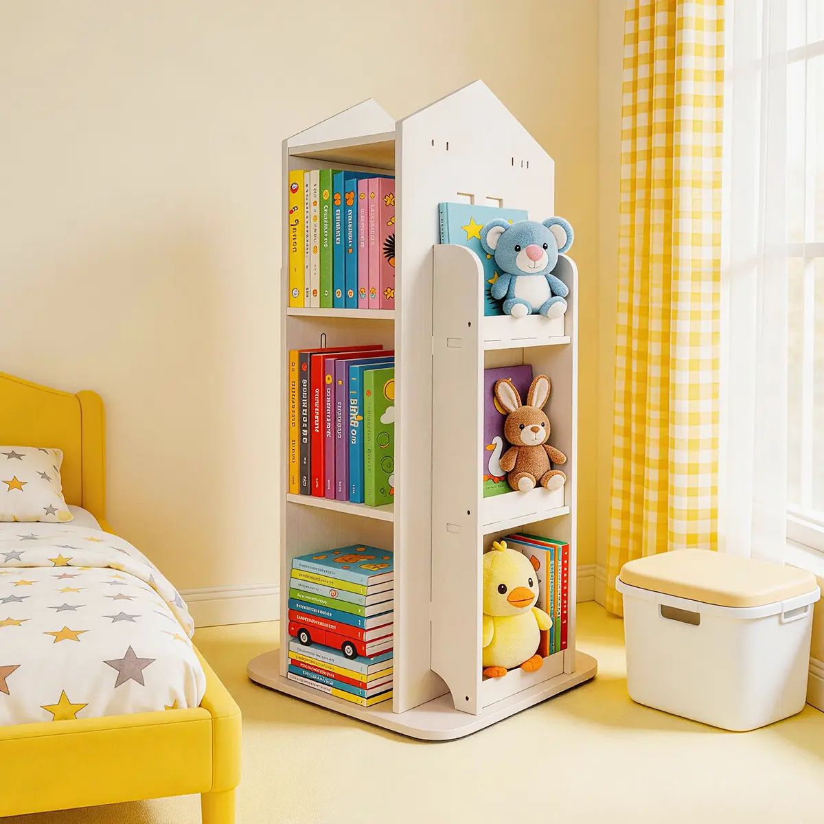 White & Pink Kids 360° Rotating Spinning Bookshelf - Corner Revolving Shelf, Toddler Home Office Children's Furniture Storage Organizer Rack, Corner Shelf