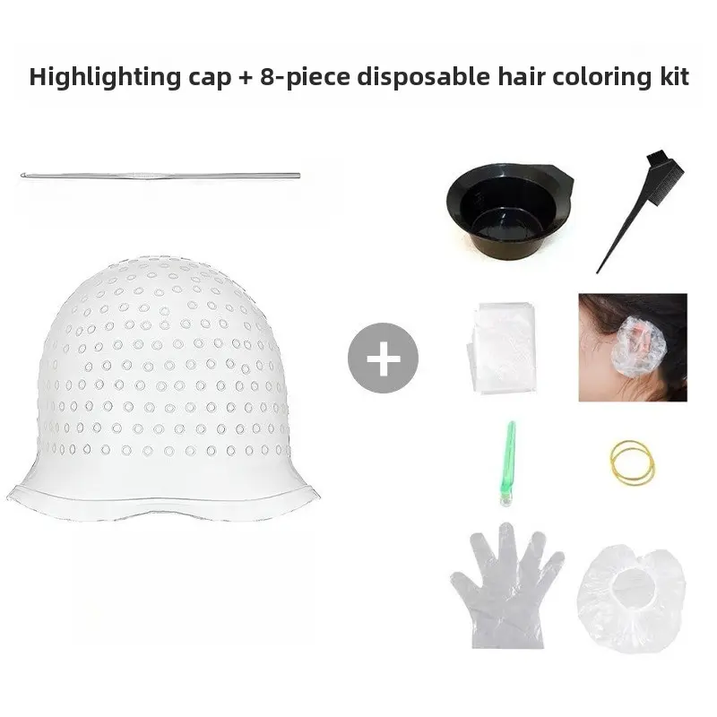 Salon-style hair highlight set of 8 caps and hooks. Reusable silicone ensures long service life. Easy to thread hair, perfect for professional and personal hair dyeing