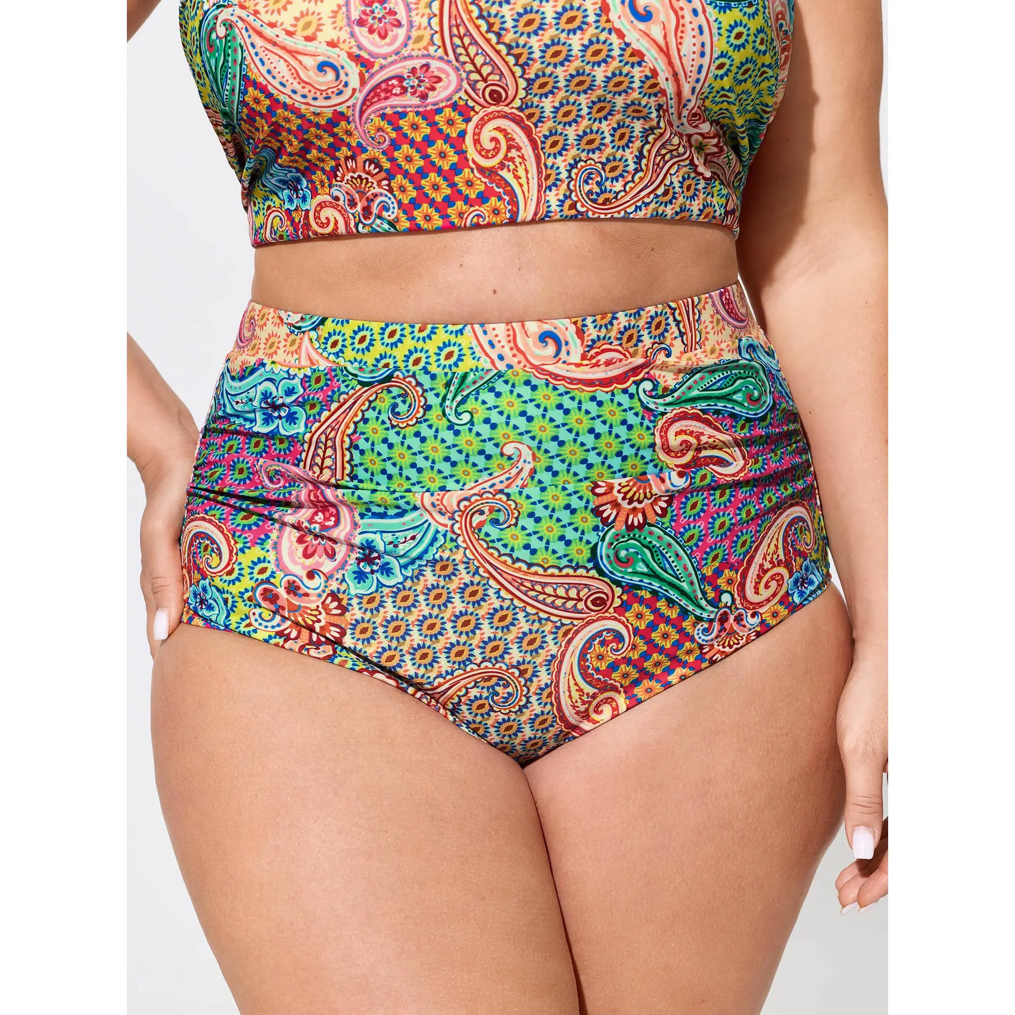 BloomChic Women's Plus Size High-Waisted Swimsuits - Tummy Control Paisley Print Chlorine-Resistant Polyester-Elastane Blend Bikini Short Bottoms, Stretchy Swimwear, Cold/Machine Washable, Size 14-16/1X