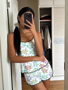 Watercolor Turtle Print Pajama Set, Sleeveless Slim-Fit Sleepwear Loungewear, Breathable Ocean Style, Trim Ruffle Design, All-Over Print