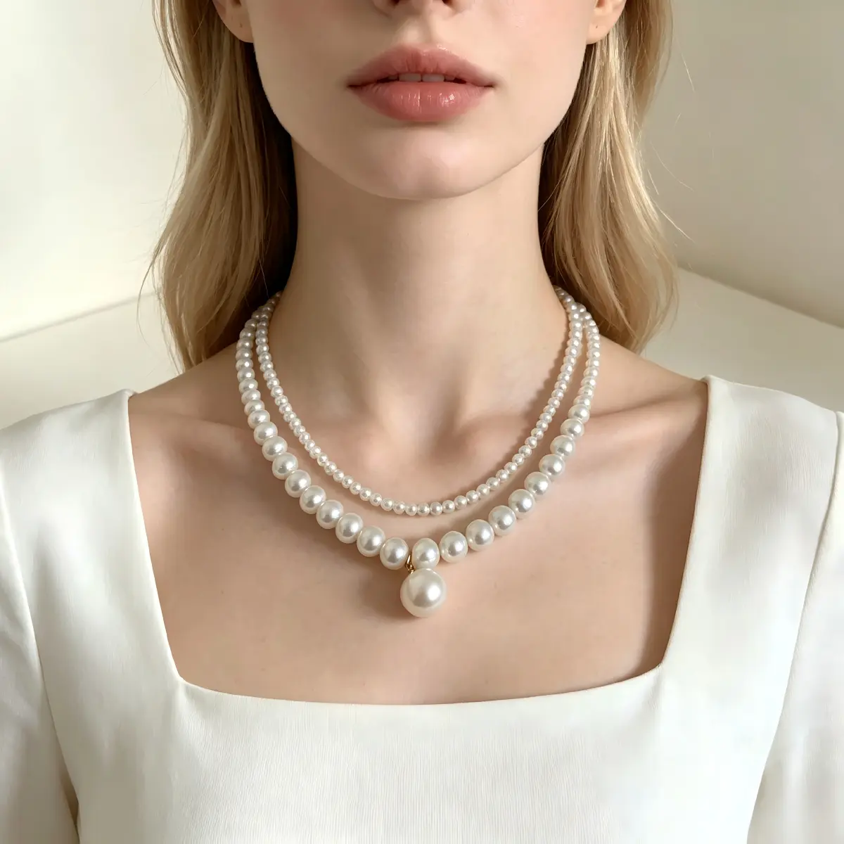 Women's French-Style 2-Layer Imitation Pearl Necklace, White Drop Pendant Beaded Costume Jewelry for Dating (a pearl necklace with elegant accents), Pearls