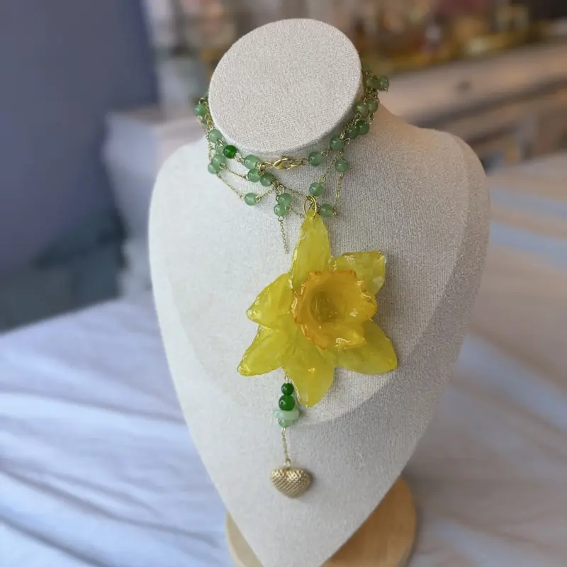 Real Daffodil Necklace Preserved in Resin with Green Beads and Heart Charm