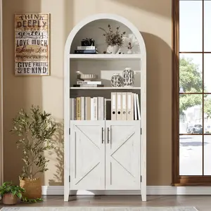 Arched Bookcase with Doors - 5-Tier Open Display Shelf, Modern Bookshelf Storage Cabinet for Home Office Living Room Library, White pantry  cabinet tier bookcase