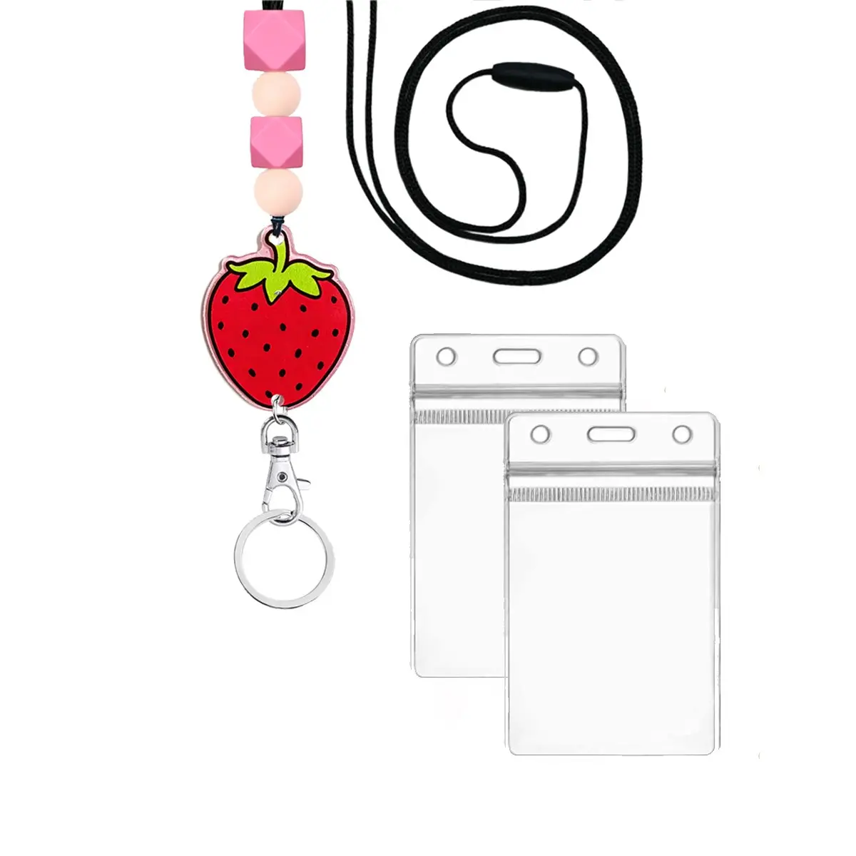 Cute ID Holder Set with Lanyard, Strawberry Heart Lanyard for Ids and Keys, Dual Transparent Vertical Badge Holders, Silicone Bead Lanyard for Teachers and Nurses