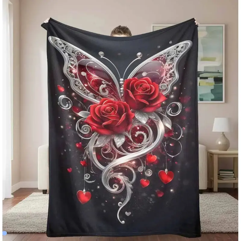 Romantic Butterfly & Red Rose Blanket with Elegant Heart Pattern - All Season, Lightweight, Soft Comfy Throw for Bedroom, Living Room - Giftable, Heartfelt Gift Blanket for Anniversary, Valentine’s Day, All Season Blanket