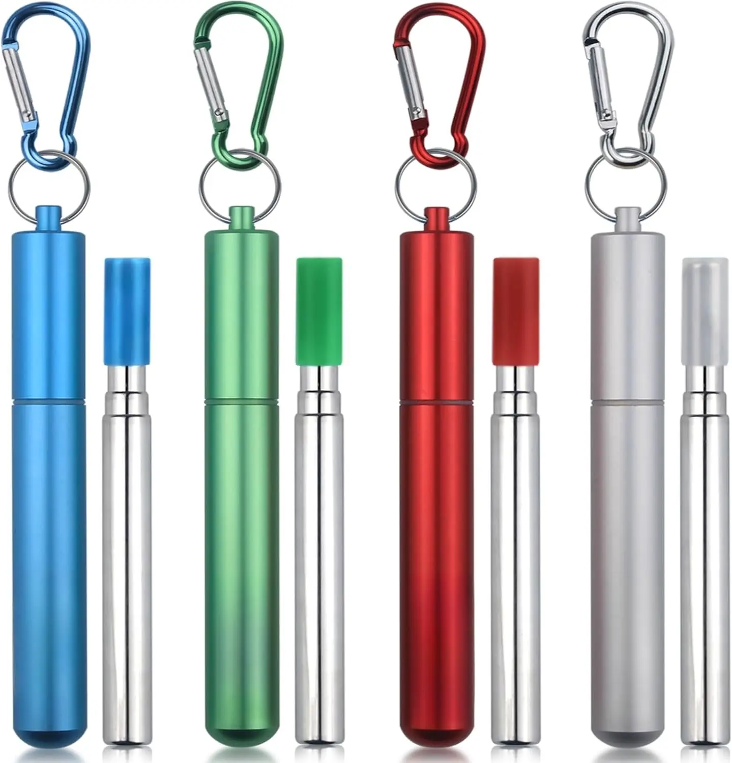 Cruise Ship Essentials,4-Pack  Collapsible Stainless Steel Drinking Straws with Aluminum Case,Cleaning Brush,and Keychains-,Blue,Red,Green