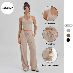 KatchMe Women's Workout Solid Color Halter Built-in Bra Tank Top & Side Pocket Wide Leg Trousers Tracksuit, Soft Sportswear Set, Two Piece Outfits