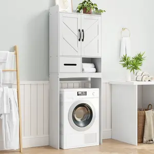 Over the Toilet Storage Cabinet – Adjustable Shelf, Open Storage, Bathroom Organizer – Sleek White Wooden Cabinet for Toilet, Laundry, Home – Small Relief Design, White/Black