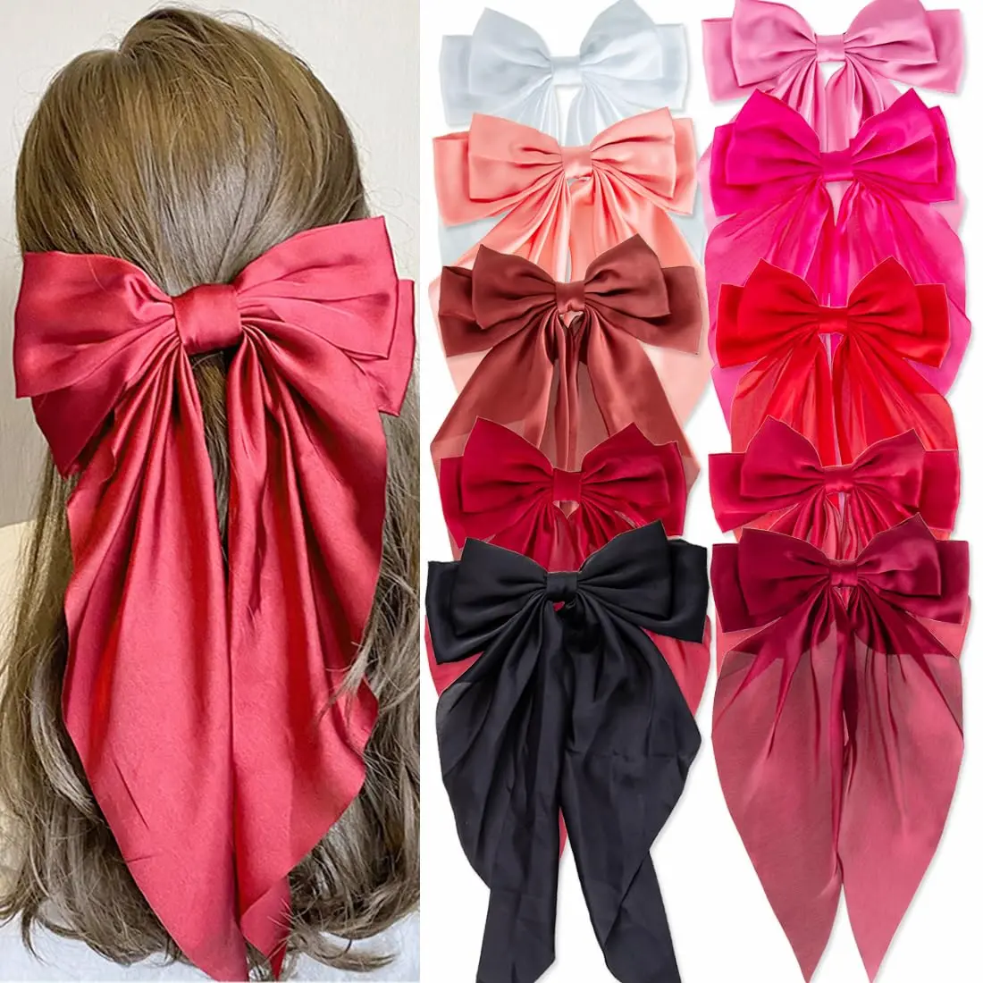 10 count Hair Bows,Big Bows for  and Womens,Hair Bows for Womens,Hair Ribbons,Large Hair Bow for Women,Big Hair Bow,Bows for Women,Oversized Long-tail Cute Aesthetic Hair Accessories(Red Series)