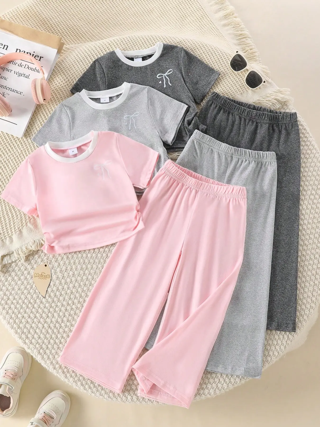 Girls' 6-Piece Set, Casual Butterfly Heart Pattern, Soft Knit Fabric, Short Sleeve Top and Pants, Outdoor Wear, Spring Summer, Graphic Print Set, Knitted Set Clothes