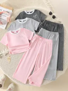 Girls' 6-Piece Set, Casual Butterfly Heart Pattern, Soft Knit Fabric, Short Sleeve Top and Pants, Outdoor Wear, Spring Summer