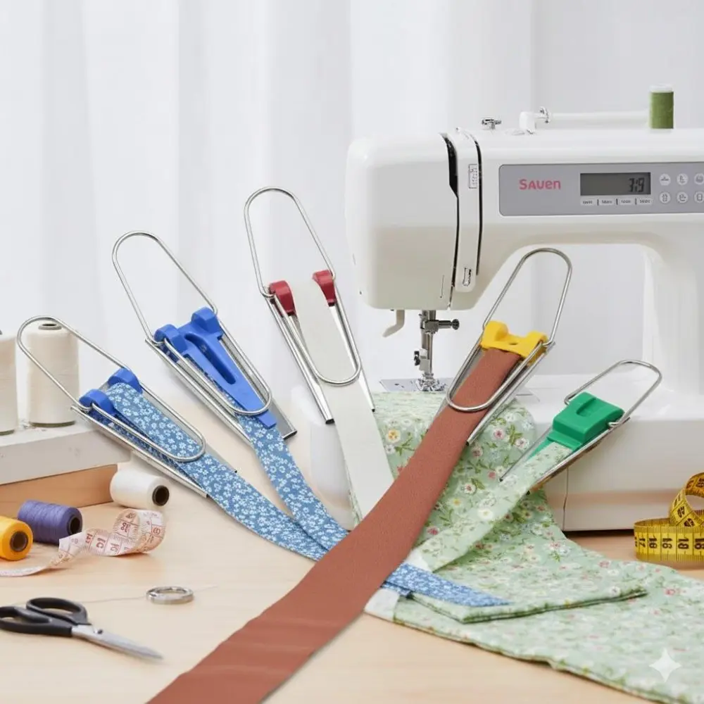 Adjustable Bias Tape Maker Sewing Tool Set, Quilting DIY Fabric Binding Roller with Non-Slip Handle, Quick Bias Strips Cutter for Sewing Machine Foot, Multi-Size Bias Binding Presser Attachment for Home Craft Sewing Supplies Crafts