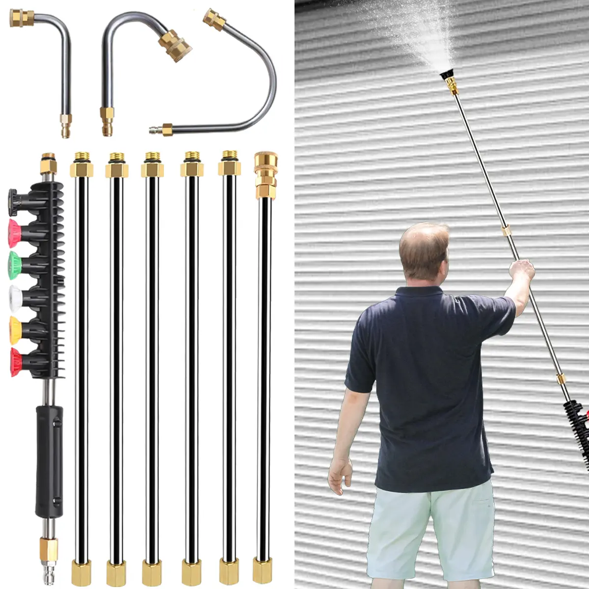 6-Extension Wand Pressure Washer Accessories Set (10-Pack) - Stainless Steel Power Lance, Brass 5 Atomization Nozzles, Curved Rod, Adjustable Lengths, Precision Spray for Gutter Cleaning, Outdoor Surfaces Maintenance