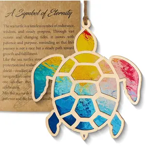 Sea Turtle Gifts for Women, Wooden Turtle Ornament with Stained Glass Style Acrylic, Ocean Theme Decor and Coastal Gifts for Friends and Beach Lovers, Sea Turtle Decor for Christmas Tree (Colorful)