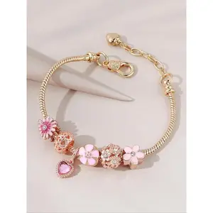 Women's Cute Rhinestones Flower Decorated Link Fashionable Copper Bracelet, 1 Piece Heart Charm Alloy Jewelry for Women, Classic Fashion Accessories for Daily, Holiday Birthday Gifts for Women and Girls
