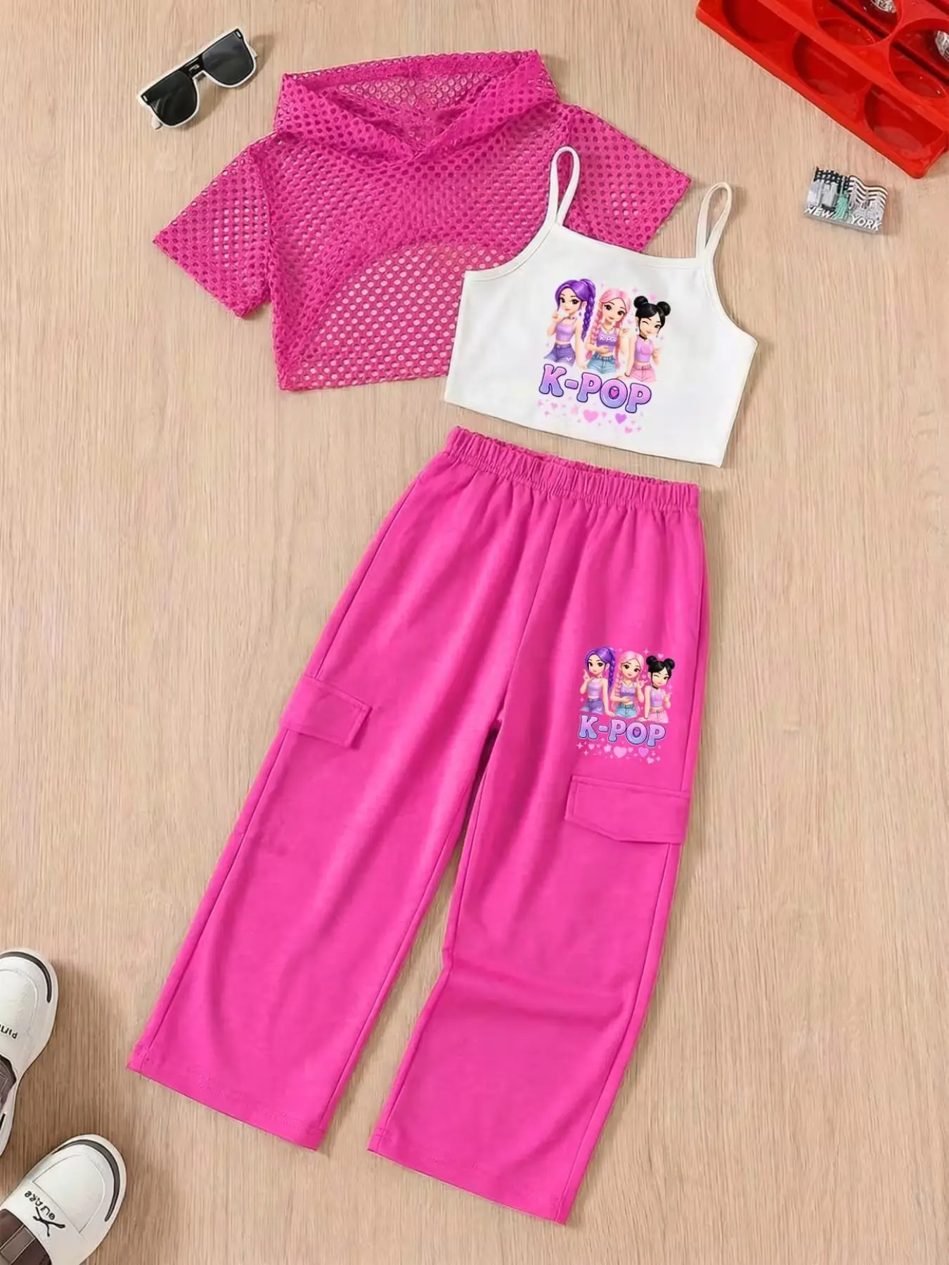 Girls' 3-Piece Fashion Set, Hooded Mesh Top + Strapless Tank Top + Sporty Pants, Cartoon Print, Graphic Print Set, Perfect for Outdoor Activities, Summer Outfits Set