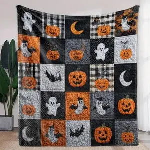 Cozy Halloween Flannel Blanket with Spooky Pumpkins, Cute Ghosts, Bats & Moon Patchwork Design