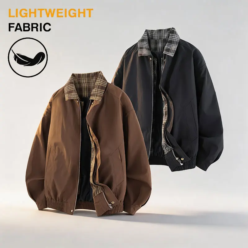 Men’s vintage plaid Harrington jacket with contrast collar, loose oversized zip-up lightweight windbreaker, casual street-style long-sleeve bomber coat with elastic hem, fashionable outerwear for autumn/winter daily going-out streetwear for men
