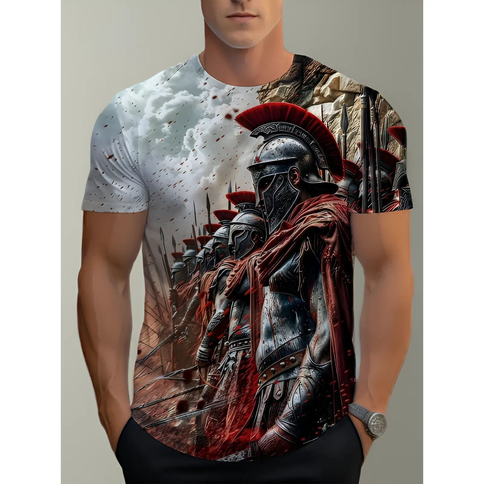 Men's Roman Soldier T-Shirt with 3D Spartan Helmet & Gladiator Print - Vintage Greek, Short Sleeve Round Neck Casual Streetwear Suitable for History Buffs, Themed Events, Casual Attire