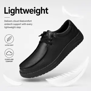 Unisex black slip & oil resistant kitchen work sneakers crafted from premium leather with secure lace-up closed toe design.Cushioned non-slip outsole supports extended work shifts for chefs and servers, easy to pair with jeans, casual slacks