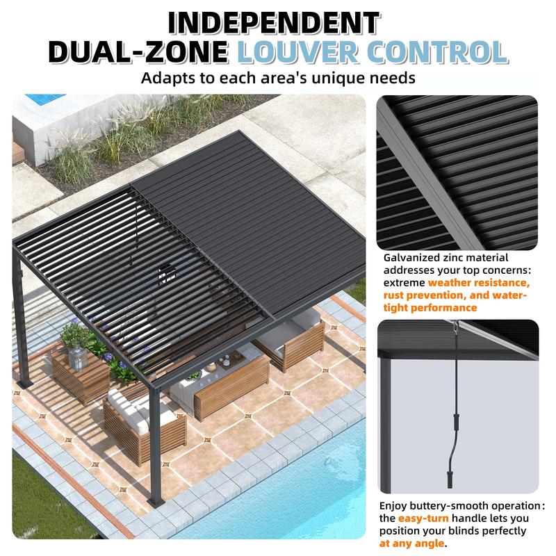【3 package shipping】AECOJOY 13' x 10' Louvered Gazebo Pergola, 10x13 Outdoor Hardtop Wall-Mounted Lean to Gazebo with Adjustable Metal Rainproof Patio Roof, Pergolas and Gazebos Clearance, Heavy Duty Awnings for Patio