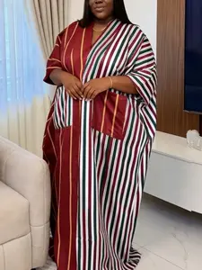 Elegant Women Striped Dresses V Neck Short Sleeves with Pockets Patchwork Loose Long Africa Robe Causal Party Church Clothing