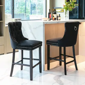 Contemporary Velvet Upholstered Barstools Set of 2 with Button Tufted, Wooden Legs & Chrome Nailhead Trim, Leisure Style Bar Chairs in Black/Blue/Gray/Gold/Orange/Light Blue/Beige