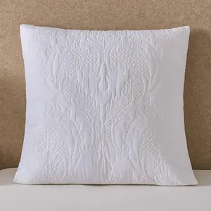 White Quilted Euro Sham Damask 26x26 Set of 2 Embroidered Floral Textured European Pillow Cover Decorative Large Square Pillowcase Sofa Bed Bright White Square Vintage