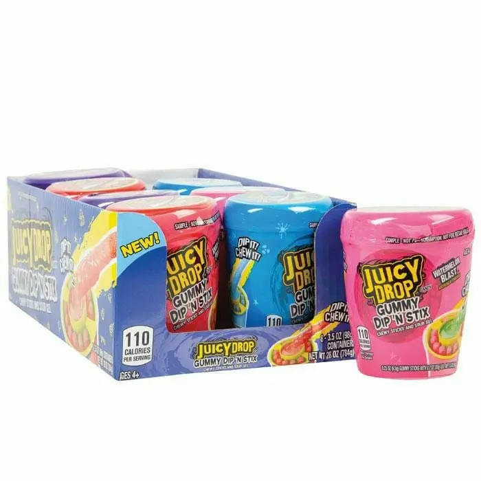 Juicy Drop Gummy Dip N Stix Candy 8 ct. - Sweet and Soft Gummy Candy Sticks with Sour Gel with Mixed Fruits Flavors - 8 Count Pack Bonbon Snack