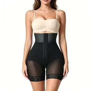 Fajas Colombianas High Compression Shapewear Shorts - Tummy Control Waist Trainer with Zipper Crotch, Lace Trim & Mesh Thigh, Butt Lifter Postpartum/BBL Recovery Body Shaper for Women