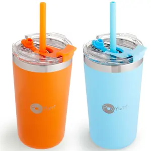 PopYum 13oz Insulated Stainless Steel Kids’ Cups with Lid and Straw, 2-Pack, Orange & Blue, stackable, sippy, baby, child, toddler, tumbler