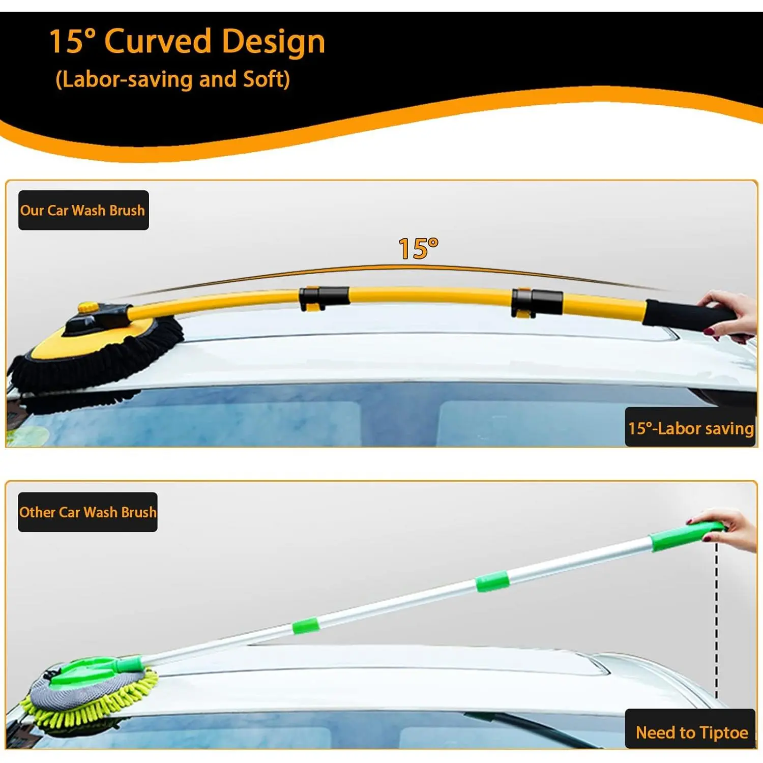 15° Curved Car Cleaning Brush with Telescopic Handle 43" Aluminum Alloy Long Rod Wash Mop For Washing Caravan Van Truck Boat RV Roof Soft Chenille Head Duster Clean Product Not Hurt Paint Scratch Free