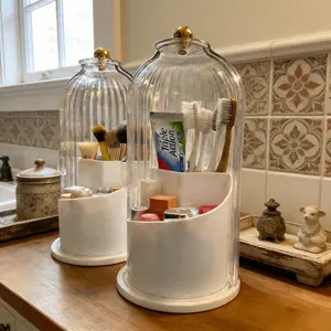 Toothbrush Holders with Sliding Lid for Bathroom Counter Organizer, 360 Rotating Toothbrush & Makeup Brush Organizer - Dustproof, Anti-Slip, Drainage Design with 3 Slots - Ideal Birthday, Bathroom Decor, Valentine & Holiday Gift toothbrush  hoder dustproo