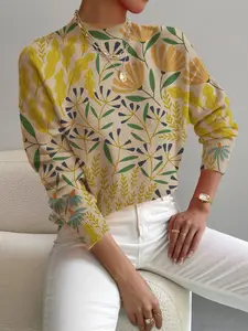 Women's Knitted Sweater with Colorblock Design & Floral Print, Casual Elegant Daily Wear, Perfect for Spring Fall Winter Seasons