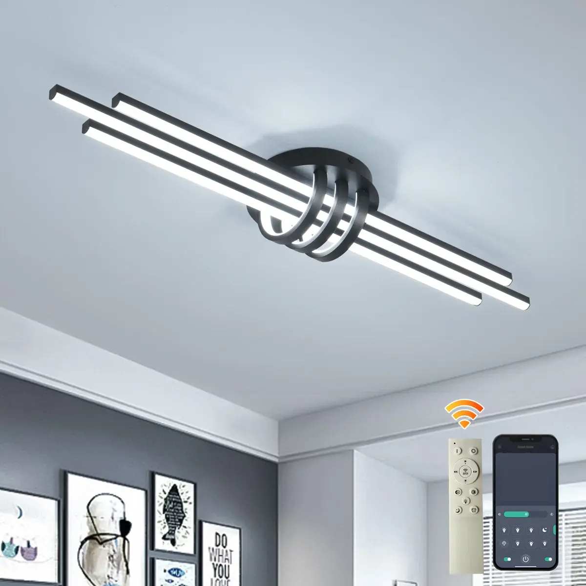 Garwarm Modern LED Ceiling Light Fixture,3-Light Black Flush Mount Ceiling Light,Linear Dimmable LED Chandelier Remote Control for Dining Room Living Room Bedroom(100 cm)