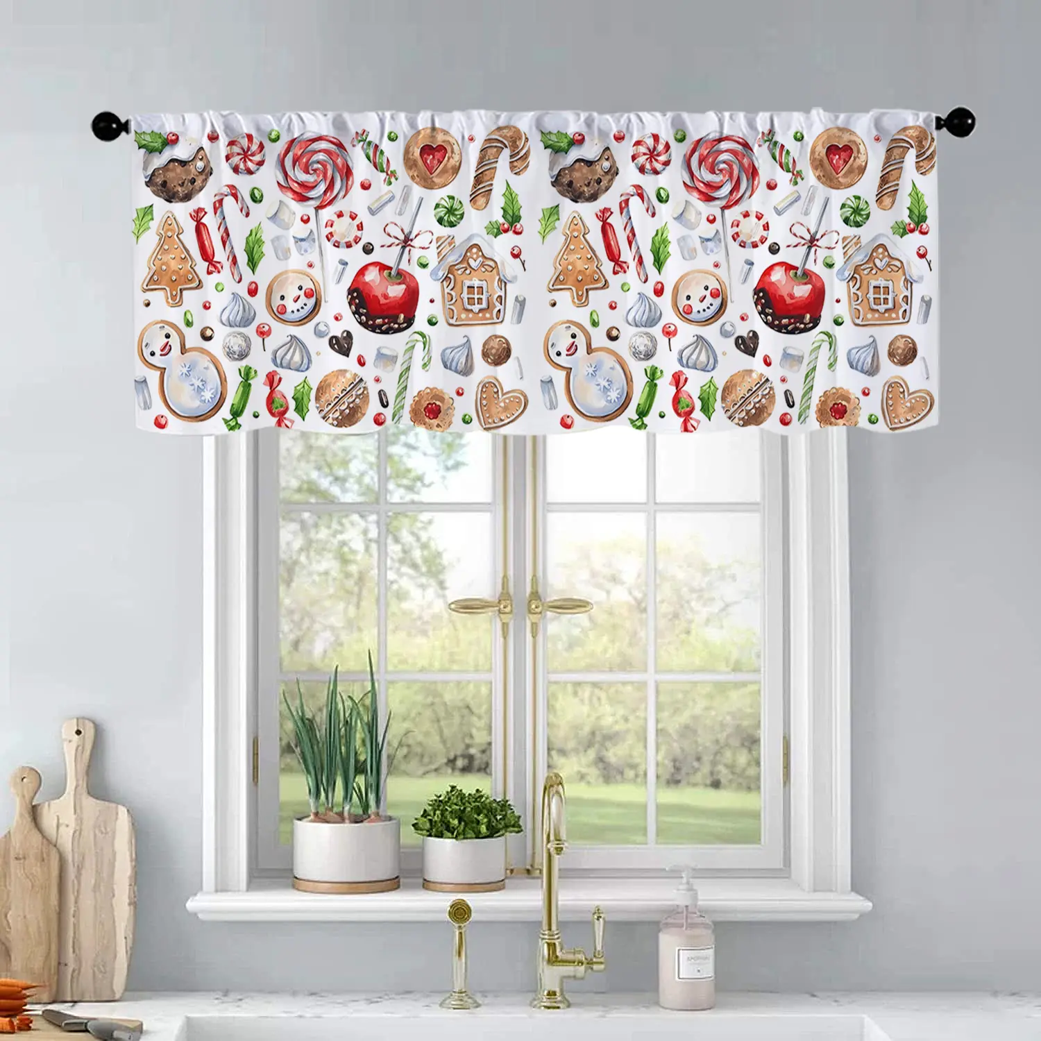1Pc Christmas And New Year Printed Kitchen Curtains Candies Cookies Gingerbread Lol Curtains Curtain Valance Living Room Bedroom Bathroom Home Decor 54X18 Inch