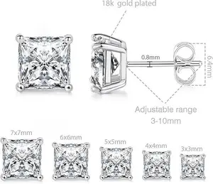 2-10MM Princess Cut Moissanite Synthetic 2 Colors Stud Earrings S925 Sterling Silver Hypoallergenic D Color VVS1 Clarity 4 Prong Solitaire for Women & Men Wedding Engagement Birthday Gift Anniversary Prom Party Holiday Date Casual Bling Iced A1 S0