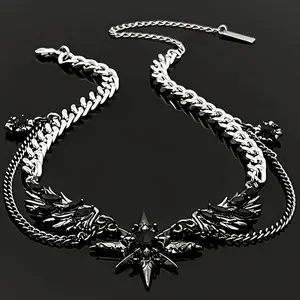 Gothic North Star Wing Black Crystal Layered Chain Choker Necklace, Punk Unisex Cuban Link Collarbone Jewelry for Streetwear